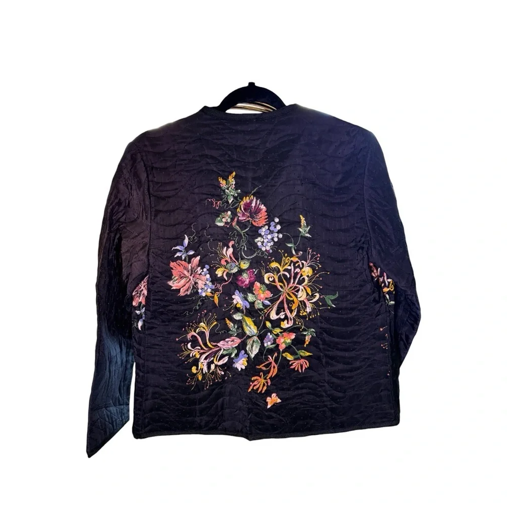 Vintage Bar I Black Quilted Floral Jacket Medium Boho Art To Wear Cottagecore
